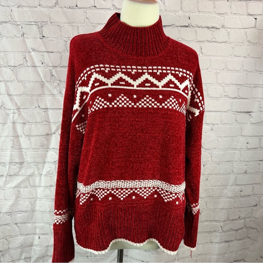 Christian Siriano Red White Turtleneck chenille Sweater women L winter ski cabin